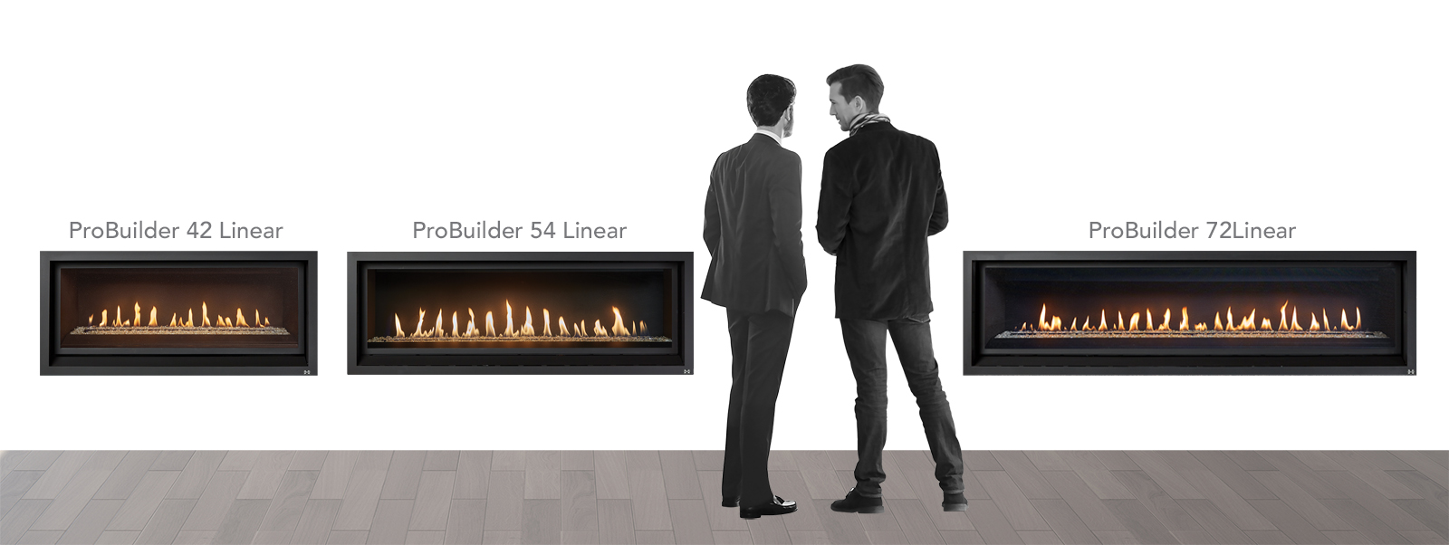 Row of three ProBuilder linear fireplaces (42, 54, 72) mounted in a white wall, with two men in dark clothing standing between them.